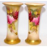 Pair of vintage Royal Worcester flared trumpet vases in blush ivory with gilded accents. Featuring