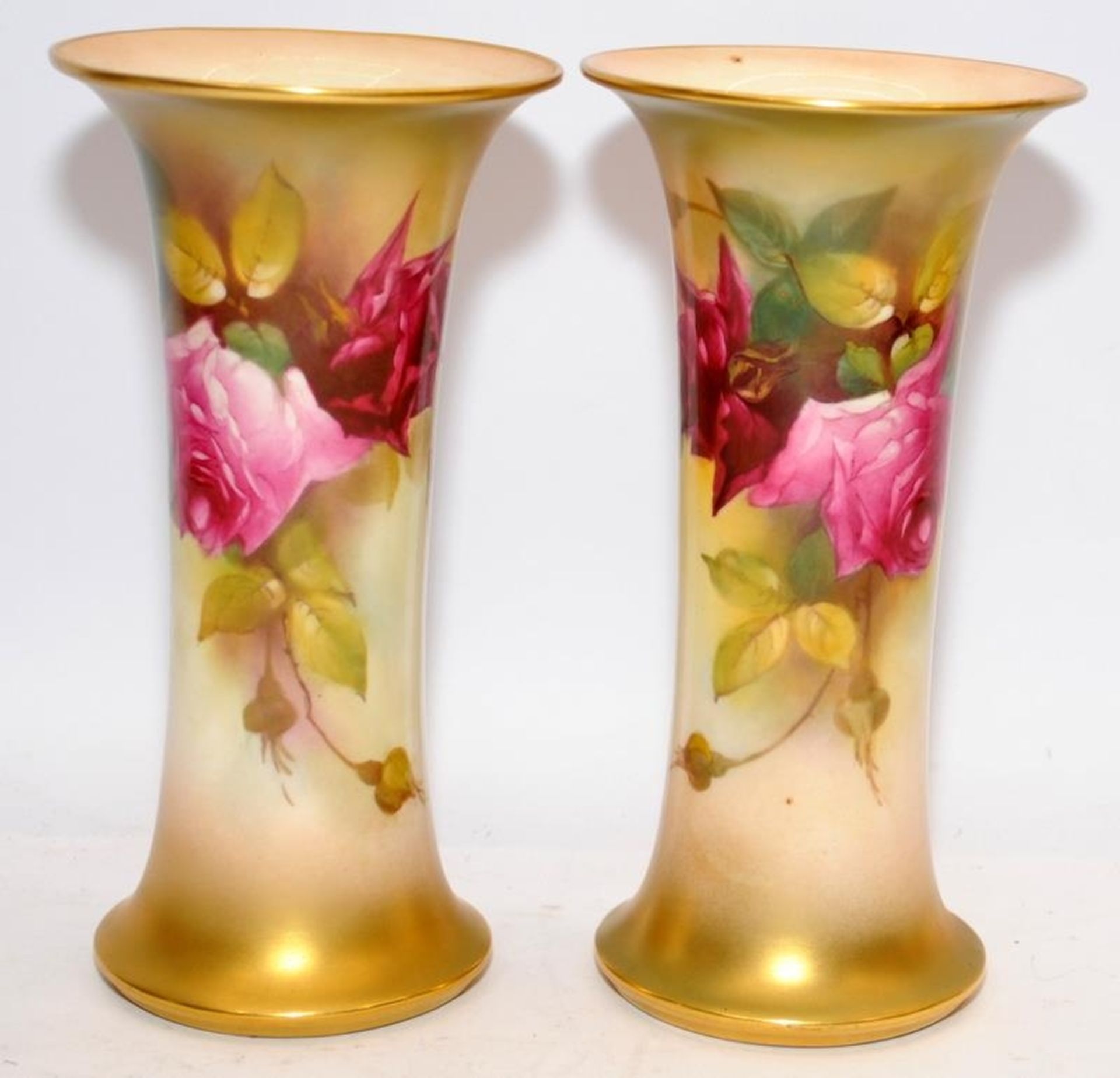 Pair of vintage Royal Worcester flared trumpet vases in blush ivory with gilded accents. Featuring