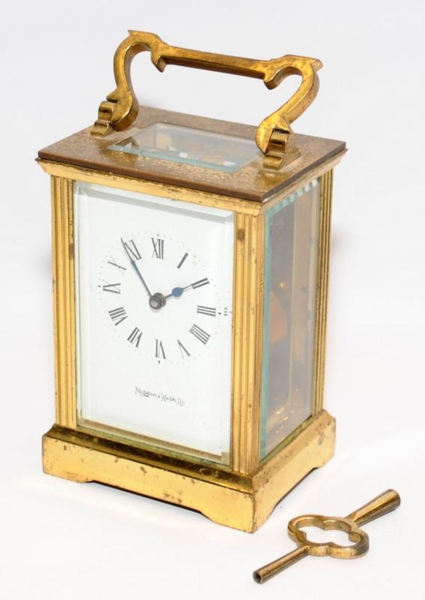 Vintage Mappin & Webb 8 day carriage clock with key. Sets, winds and runs. Some patina to casing,