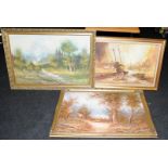 3 x large framed oils on canvas, all signed, two in ornate gilded frames which could be