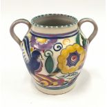 Poole Pottery shape 401 QB pattern (comical bird) twin handled vase by Ruth Pavely 5" high.