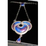 Charles Horner Art Nouveau silver and enamel pendant on silver chain, Chester 1910. Boxed.