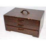 Watchmakers wooden three drawer worktop cabinet c/w contents. 38cms x 28cms x 19cms