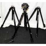3 x Manfrotto 290 xtra 3 section portable tripods, one with fitted fluid video head ref: 128RC