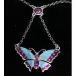 Charles Horner Art Nouveau silver and enamel butterfly pendant on silver chain, Chester 1908. Boxed.