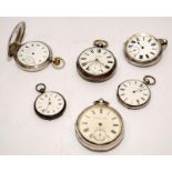 A collection of silver pocket watches, all requiring attention. 6 in lot