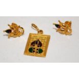 Marked 22ct 'Indian' gold pendant and earrings with enamel decoration. Total weight 4.5g