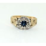 9ct gold ladies antique set Diamond and Sapphire cluster ring size N