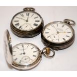 3 x antique hallmarked silver pocket watches. Two open face and one half hunter All in good cosmetic