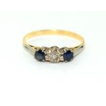 9ct gold ladies 3 stone Diamond and sapphire ring size R