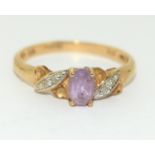 9ct gold ladies Diamond and Amethyst dress ring size N