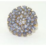 9ct gold ladies Tanzanite multi layer halo cluster ring size N