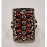 A huge vintage style garnet and marcasite 925 silver panel ring Size M