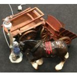 Nao "I'm Leaving" porcelain lamp base together with a ceramic shire horse and two wooden carts.