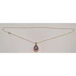 9ct gold amethyst and diamond drop pendant and chain.