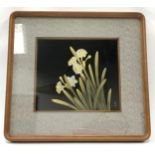 Framed and glazed oriental lacquered picture of narcissi flowers 45x42cm.