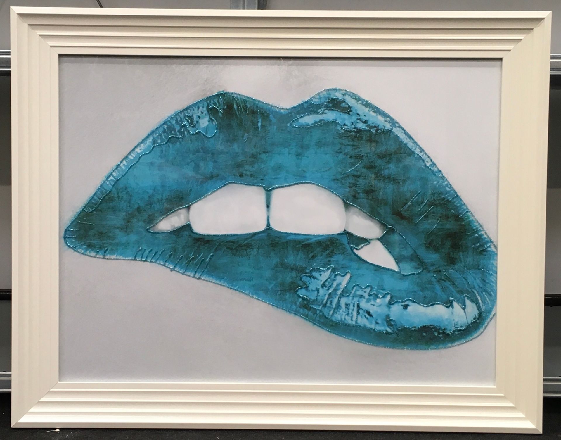Framed and glazed pop art picture of a pair of lips 75x95cm.