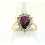 14ct Gold Diamond and Ruby pear shaped cluster ring. Size Q.