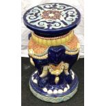 Oriental blue glazed ceramic elephant plant stand 47cm tall 30cm diameter.