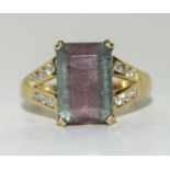 14ct Gold Diamond and and Watermelon Tourmaline ring. Size Q.