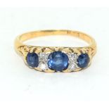 Yellow metal test 18ct gold as H/M rubbed ladies 3 stone antique set Diamond and sapphire ring