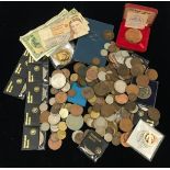 Blue tub of GB coinage and bank notes. Some Irish notes also included.