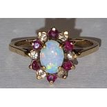 Opal/Diamond/Garnet 9ct gold ring Size O +