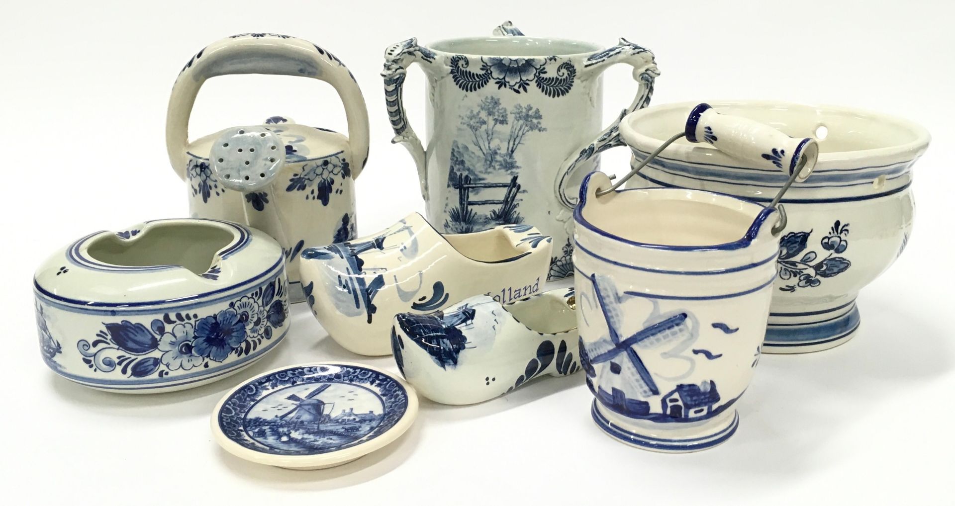 Collection of blue and white Delft pottery.