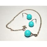 Turquoise ball white gold on silver pendant and earrings