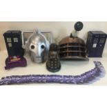 Doctor Who items to include a Cyberman and Dalek headset - 2 Tardis’s which open up and contain many
