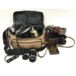 Practica camera in travel case with misc lens and equipment, Binoculars, Brass compass together a