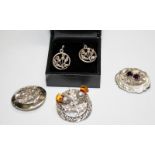 3 x Scottish silver brooches c/w Ortak silver earrings
