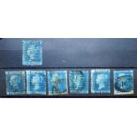 Stamps: 7 x 2d Blue, good used