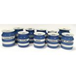 T.G. Green & Co Cornish Kitchen Ware blue and white good collection of storage jars (10).