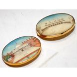 Two antique Grand Tour (?) miniature paintings on porcelain or bone in the form of brooches