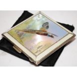 Vintage sterling silver compact in square form with a hand painted panel depicting a pheasant in