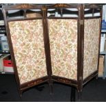 Vintage 3 panel screen divider, inlaid wood frame with fabric panels. O/all 160cms wide x 150cms