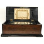 Superb quality antique inlaid mahogany music box. 12 melodies. Features 7 bells. In good working