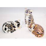 3 x Royal Crown Derby paperweight with gold stopper. 1994 sleeping kitten, 1995 grey kitten and 2003