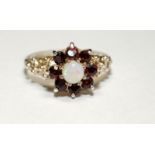 Fiery opal/garnet sterling silver cluster ring size N