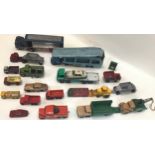 Collection of various die cast vechicles made by Dinky and Matchbox. All in play worn condition.