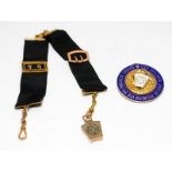 Masonic medal ribbon with 9ct gold fixings and lobster claws, with 9ct gold fob c/w a large silver