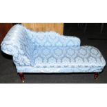 Small Chaise Lounge sofa upholstered in a blue satin fabric. Good clean condition and a useful size.