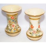Pair of antique Oriental Kutani ware flared rim vases decorated with enamel and gilded accents.