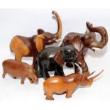Collection of wooden African animals, largest is 30cms tall. Five in lot (ts)