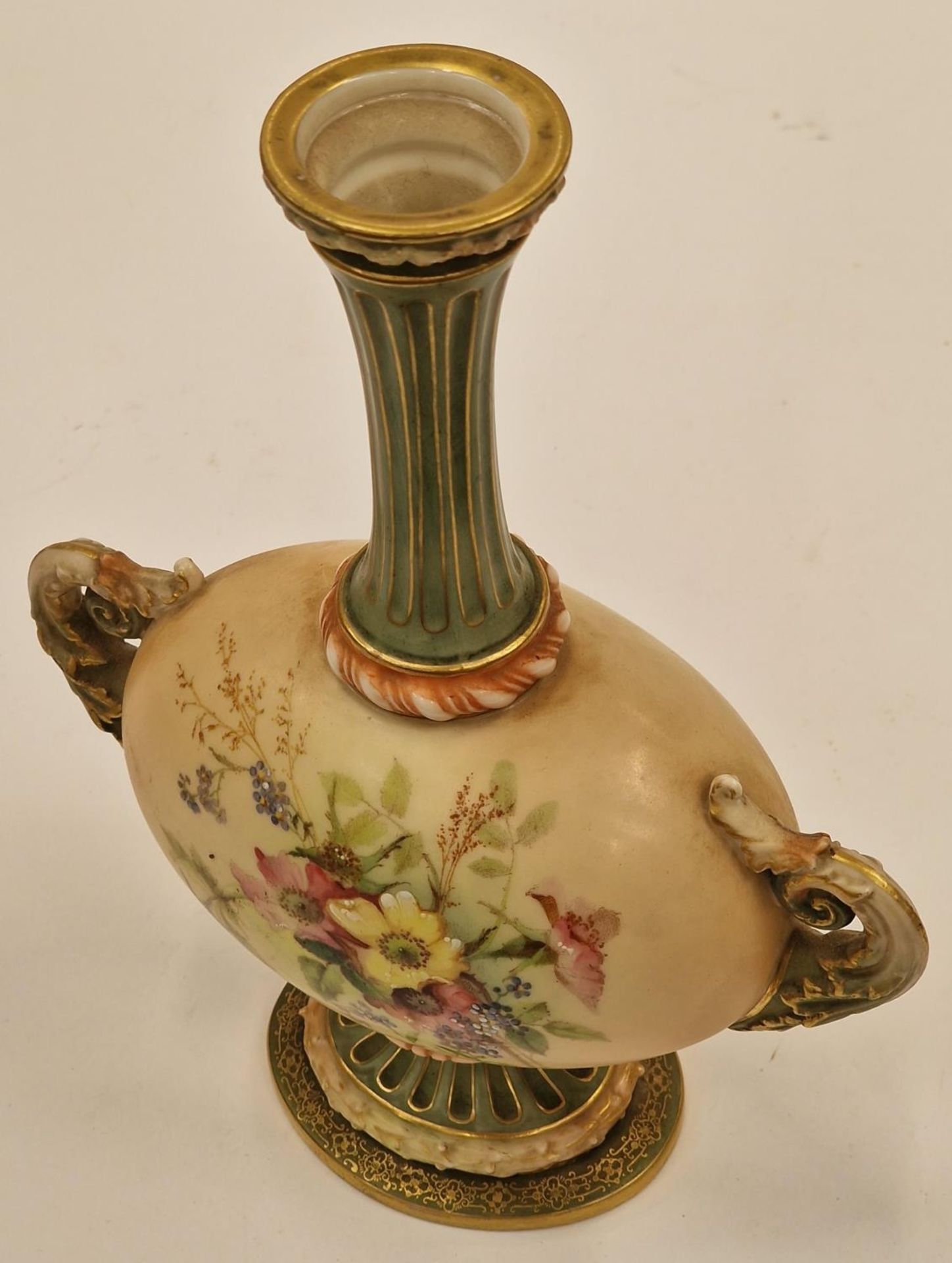 Royal Worchester Two handled long neck cabinet vase with floral decoration 23cm tall 18cm wide 8cm - Image 3 of 4