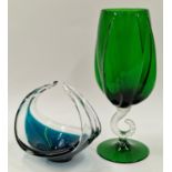 Vintage mid 20th century coloured glassware to include large green stemmed vase and centrepiece bowl