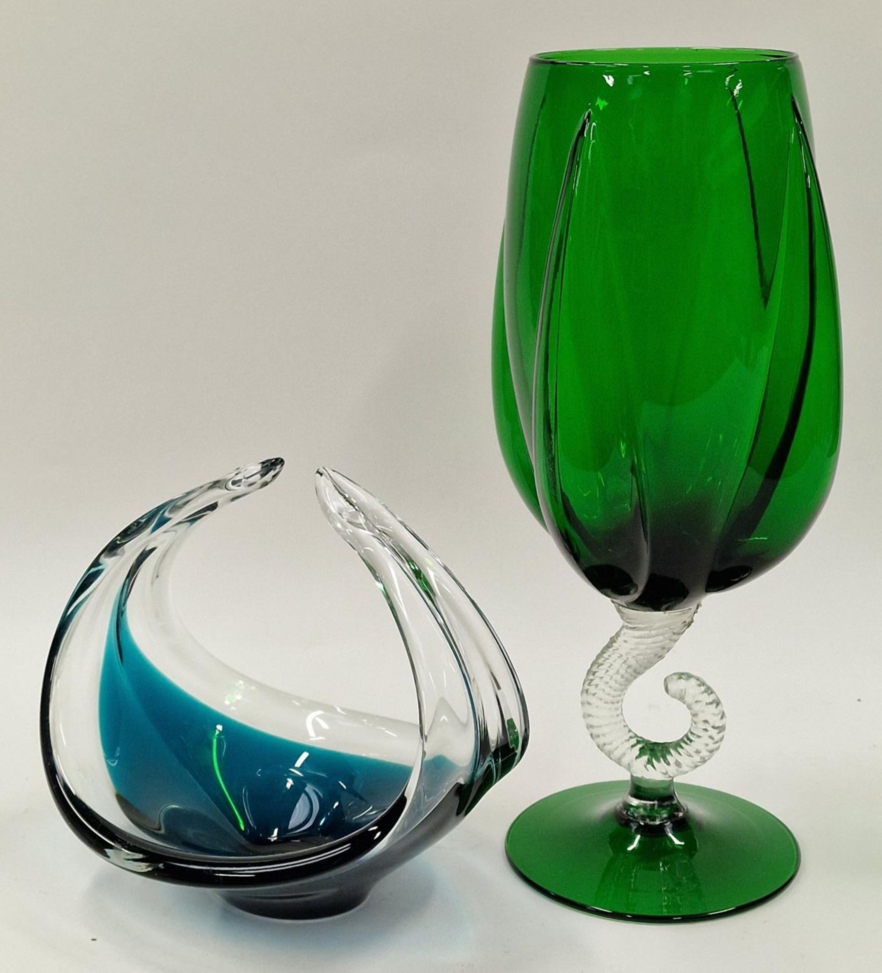 Vintage mid 20th century coloured glassware to include large green stemmed vase and centrepiece bowl