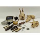 Mixex collectables to include animal skulls, collection of penknives, police whistle etc.