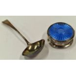 Silver hallmarked pill pot with blue enamel lid London 1905 together with a Georgian silver